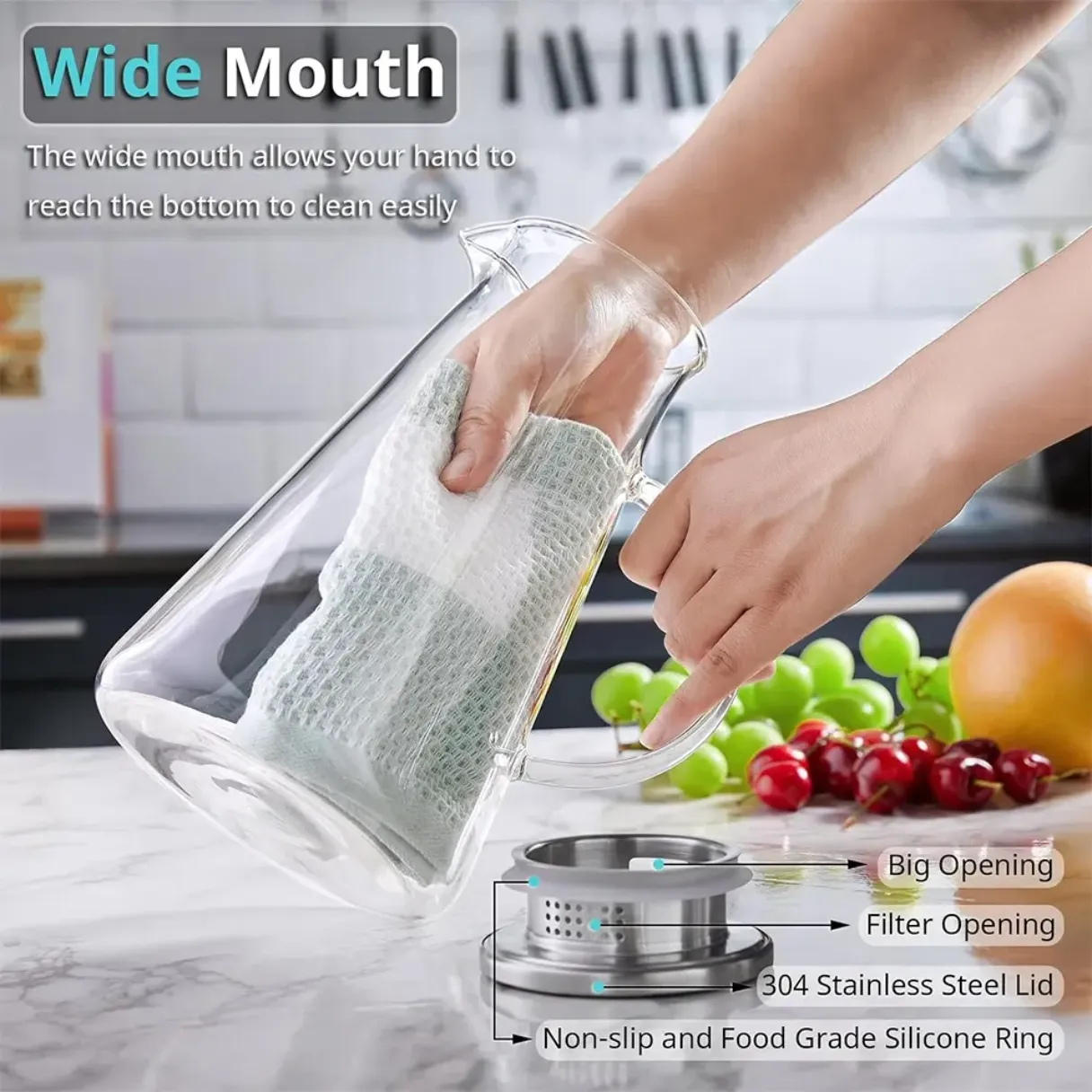 1.8L Heat Resistant Borosilicate Glass Jug Glass Pitcher with Lid and Handle