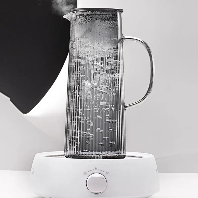 Heat Resistant Ribbed Glass Pitcher with Lid and Spout Set Electroplating Color