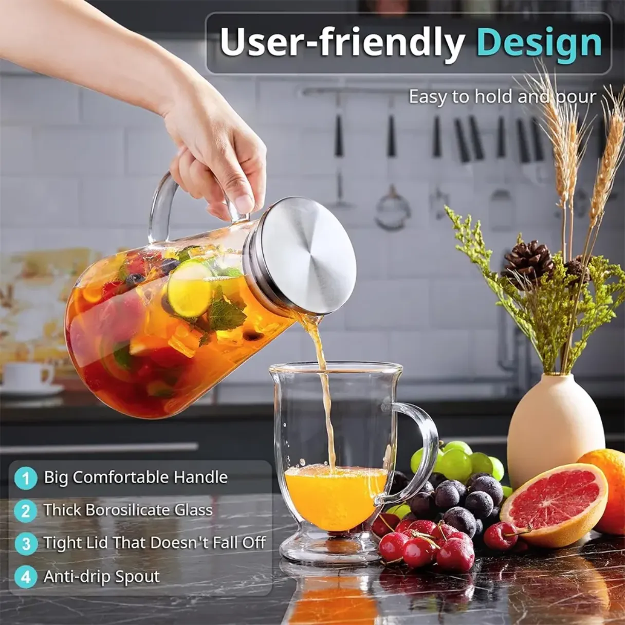 1.8L Heat Resistant Borosilicate Glass Jug Glass Pitcher with Lid and Handle