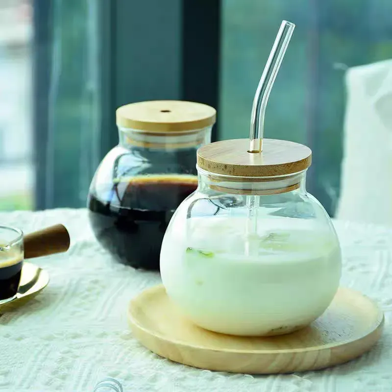 ball shape heat resistant glass mug with glass straw glass lid