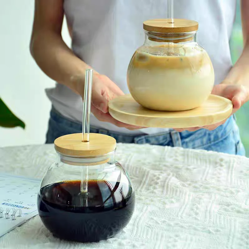 Coconut shape glass mug Ball Shape Glass mug with Straw