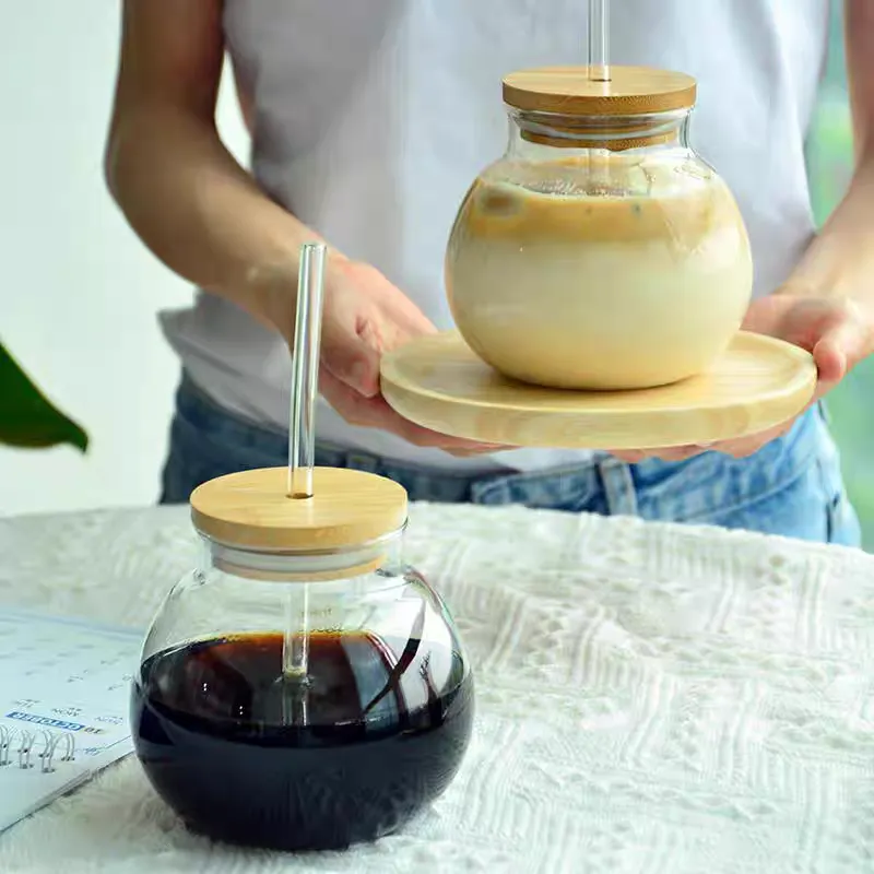 Coconut shape glass mug Ball Shape Glass mug with Straw