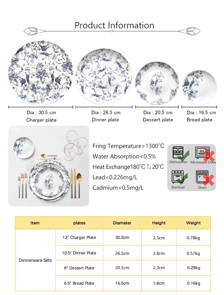High Quality Luxury Flower and Birds Design Ceramic Plates Dishes Plates Dinnerware Set