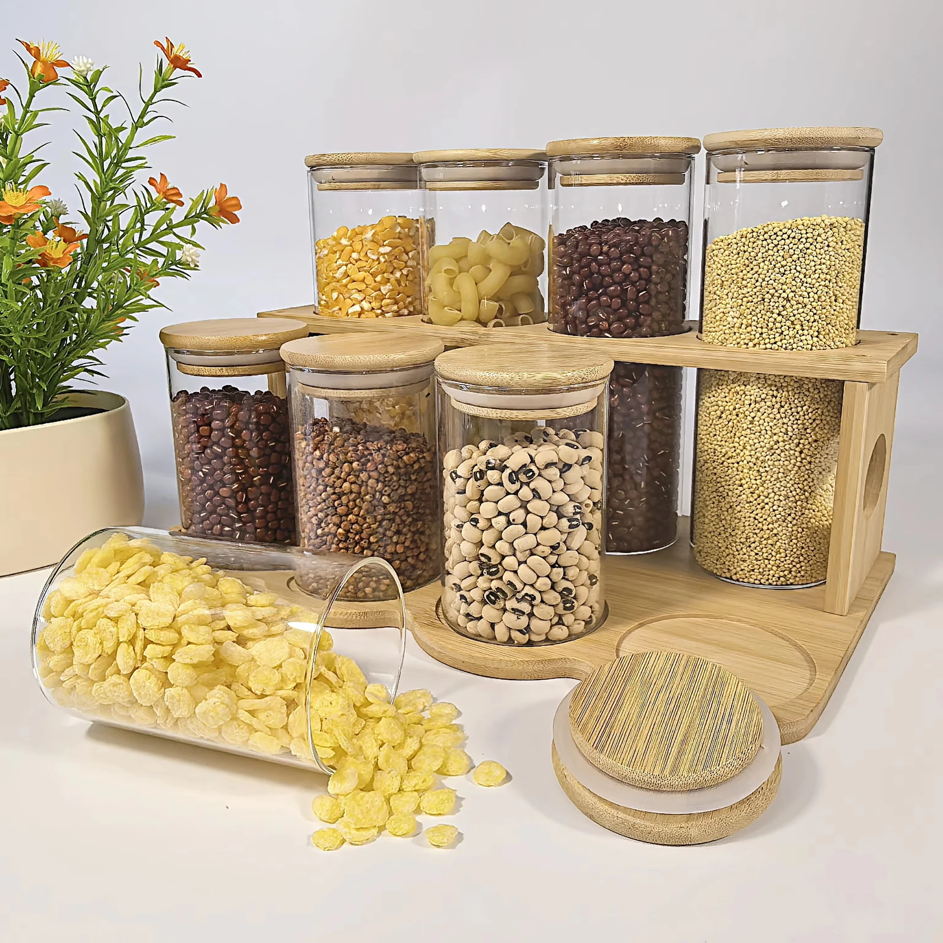 High borosilicate glass storage jar with Bamboo Lids & Stand