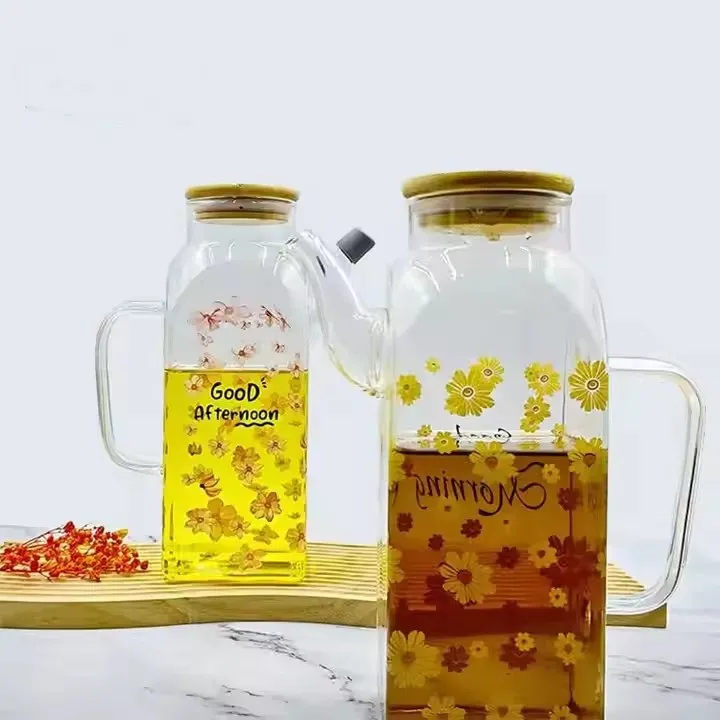 Wholesale High Borosilicate Glass Decals Design Olive Oil Dispenser Bottle With Wooden Lid