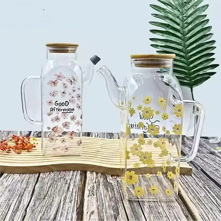 Wholesale High Borosilicate Glass Decals Design Olive Oil Dispenser Bottle With Wooden Lid