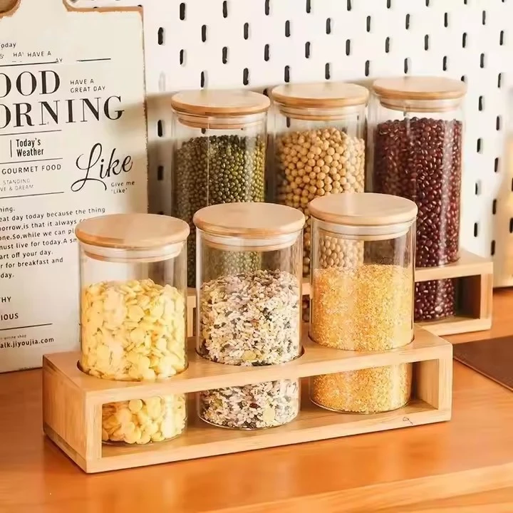 3pcs of high borosilicate glass storage jar with bamboo stand
