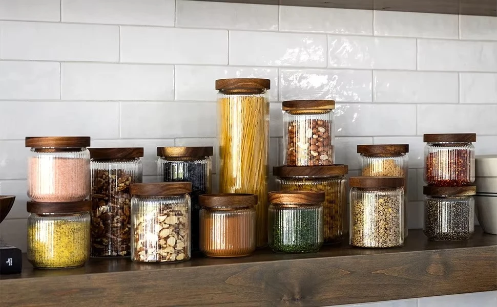 Vertical Stripe High Borosilicate Glass Jars With Acacia Wooden Lids