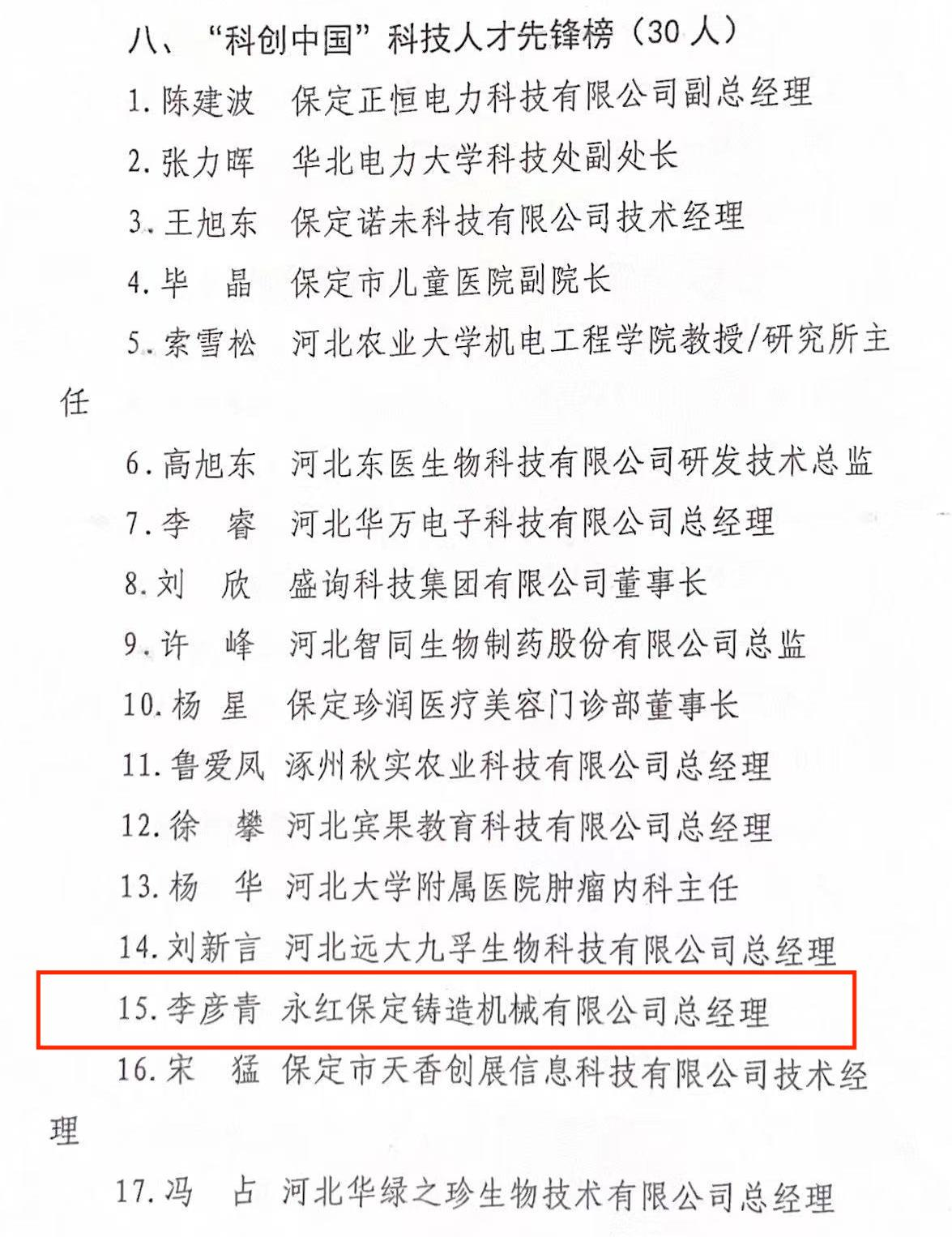 【Good news】1 achievement and 1 person of our company were selected into the list of "Science and Technology Innovation China" pilot city (Baoding) construction projects in 2022