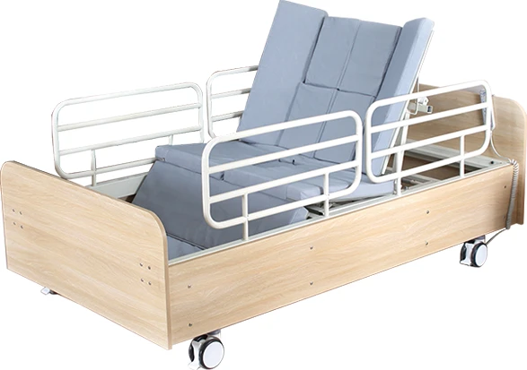 Wooden-framed bed with iron guardrails at head and foot for nursing care