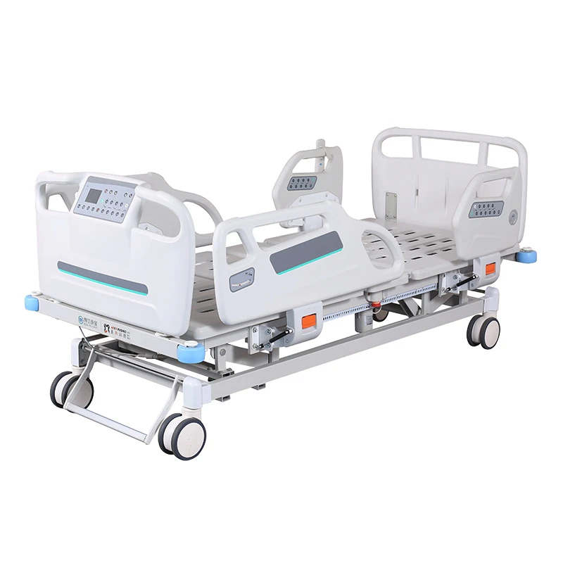Five-function electric hospital bed with gray headboard