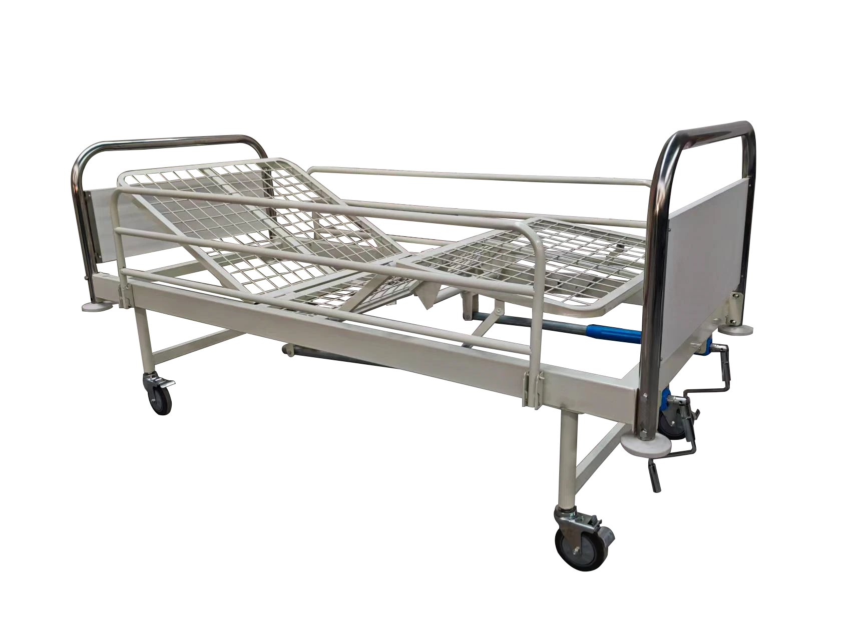 Iron composite headboard with stainless steel crank handle and blue mattress