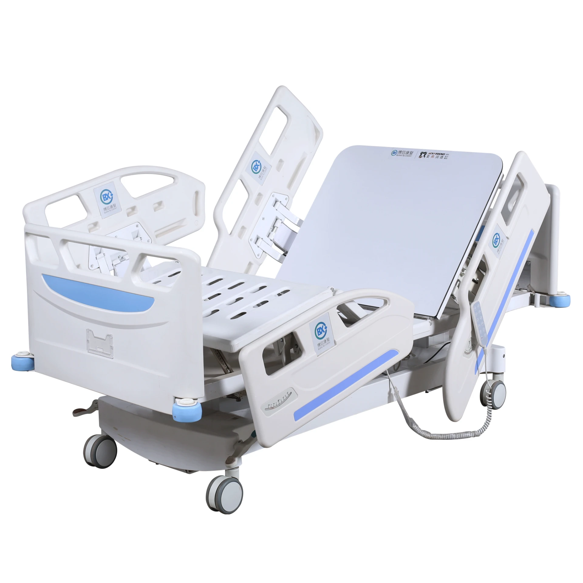 Five-function electric hospital bed with dual guardrails, anti-collision casters, and X-ray-transparent panels