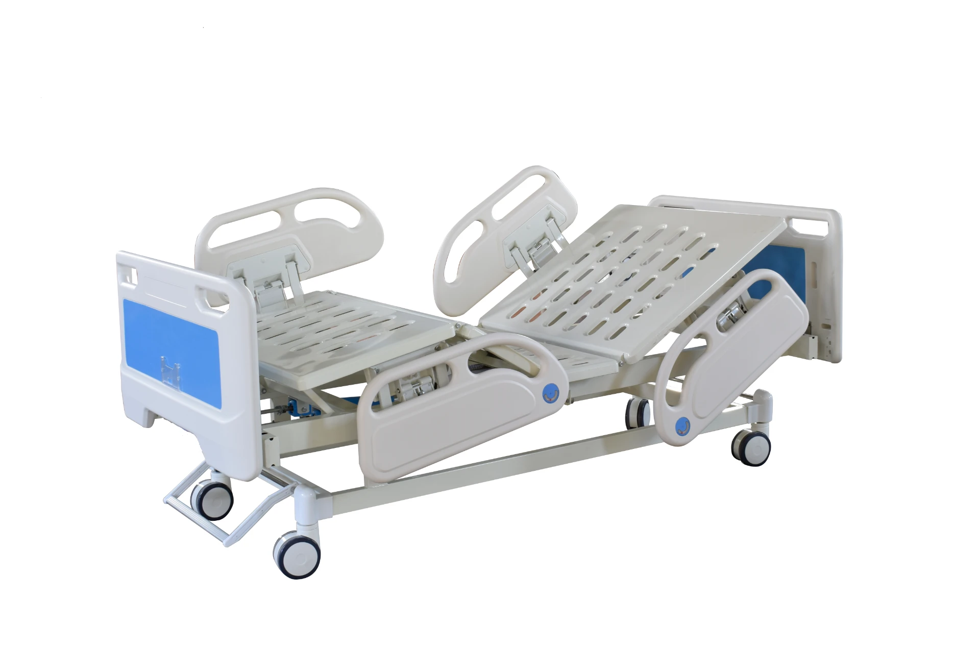 Manual Dual-Function Hospital Bed with Four Small Guardrails and Central Control Wheels