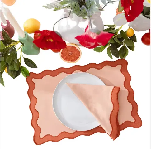 Wholesale Scalloped Edge Pure Linen Napkin Cloth with Embroidered Letters Hotel Dining Table Linen Cotton Napkins for Home Use