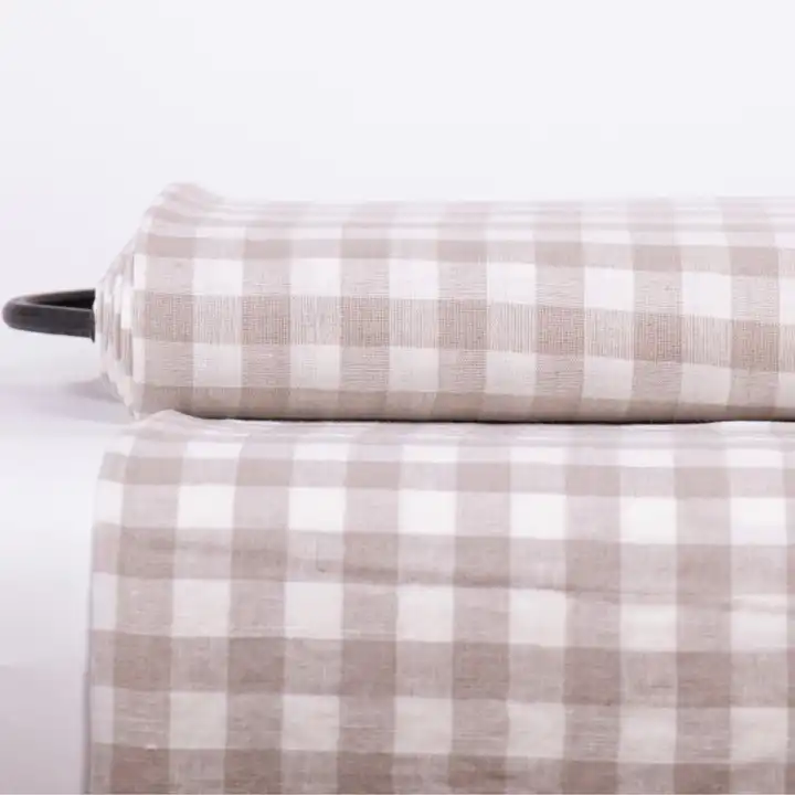 Checked pure white beige gingham chessboard linen fabric by the yard