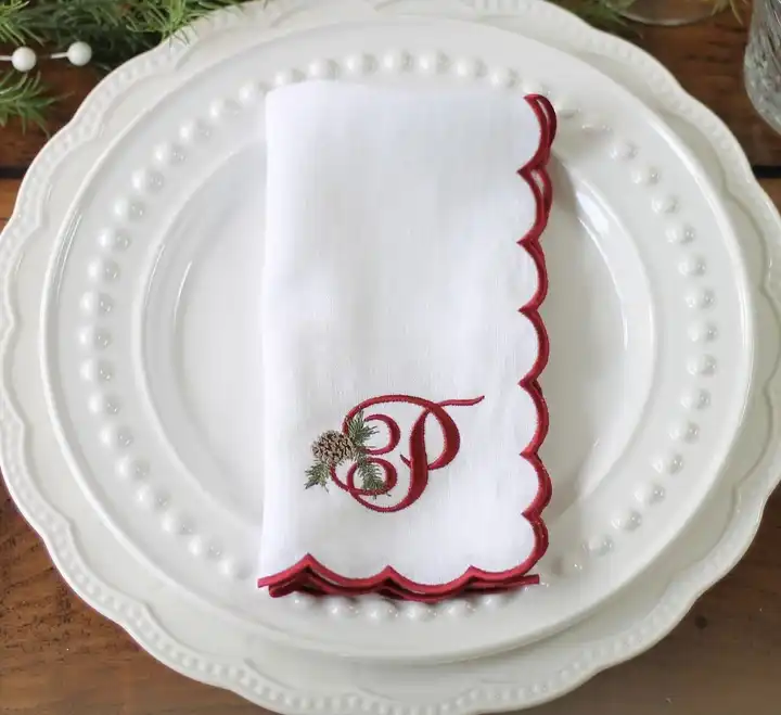 Embroidered Napkins Linen Scalloped Edge Linen Napkins White