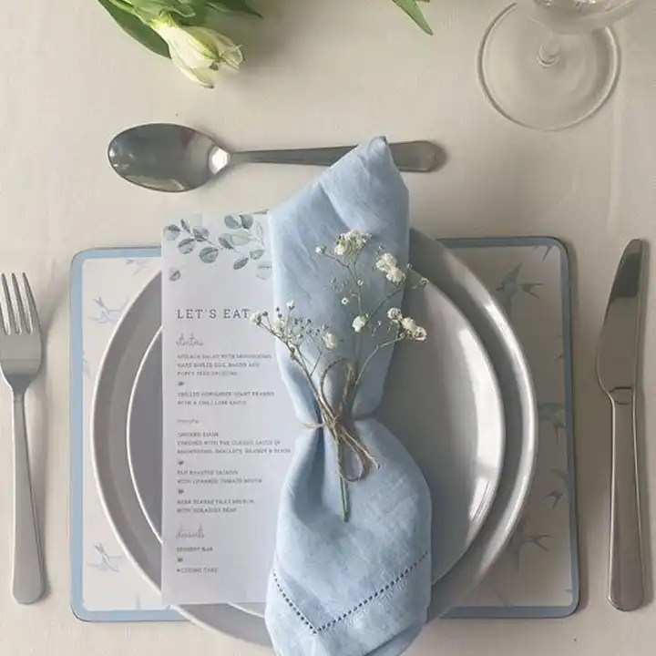 Wholesale Irregular Embroidered Linen Scalloped Edge Napkins Blue for Dining Table