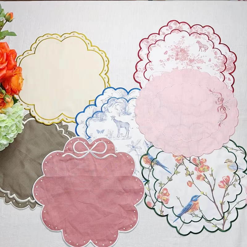 Organic Cotton Linen Embroidered Napkins with Scalloped Edges and Place Mats Eco Wave Design Sustainable Decor Napkin Placemat