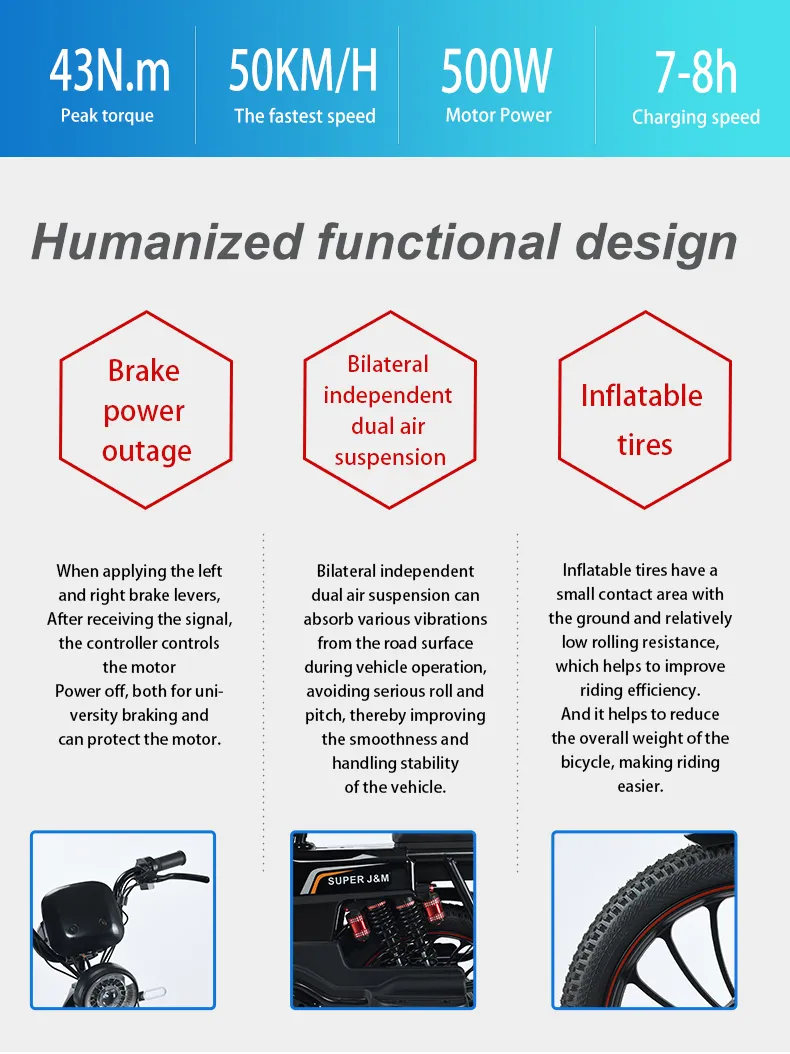 High Performance Wholesale High Sales 500W Brushless Motor and Front and Rear Drum Brake Electric Bicycles