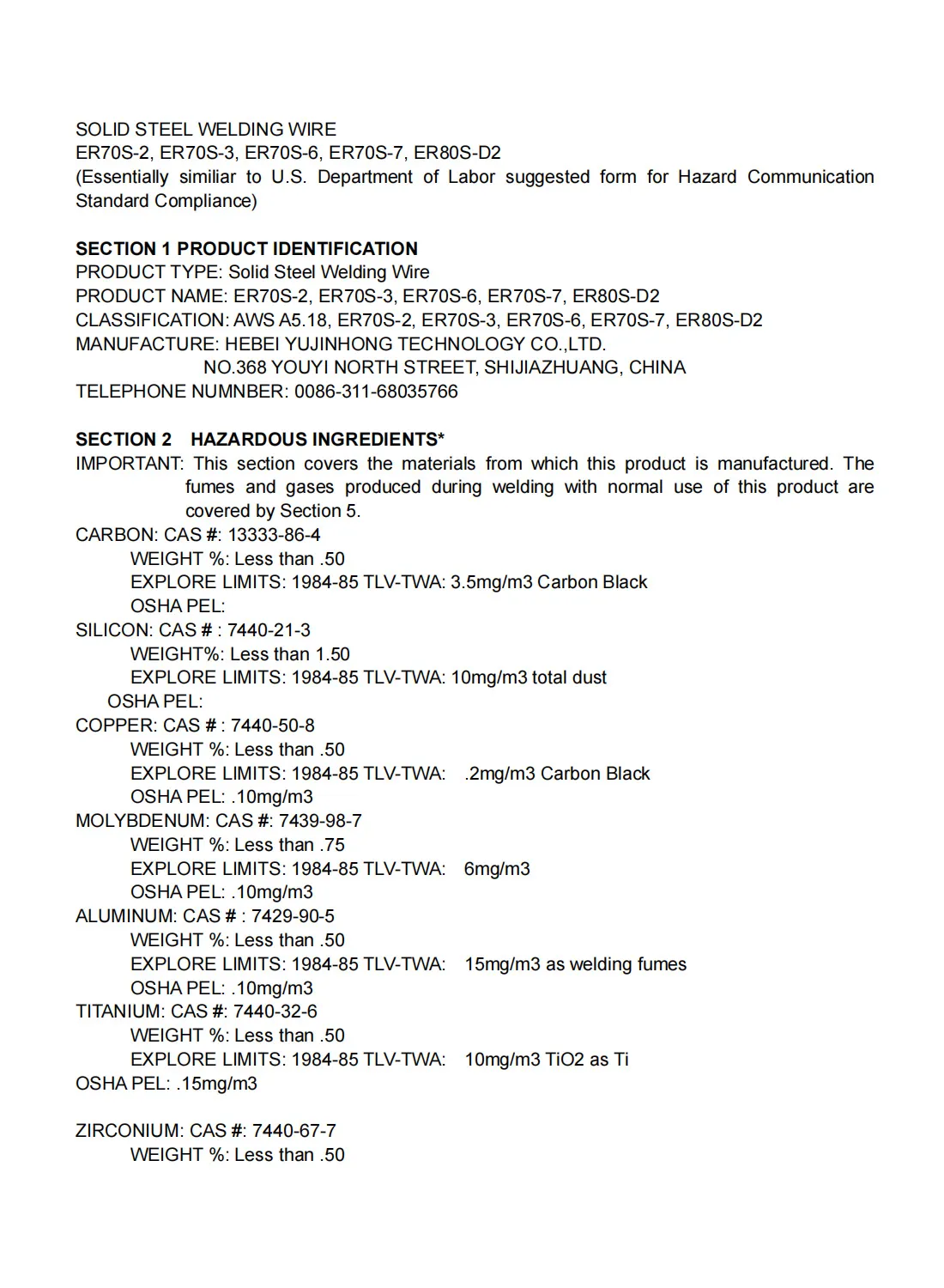 MSDS OF SOLID STEEL WELDING WIRE1