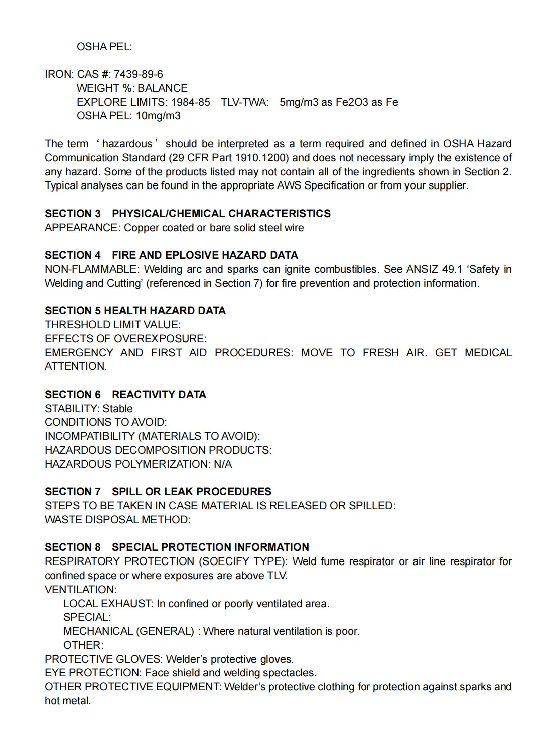 MSDS OF SOLID STEEL WELDING WIRE2